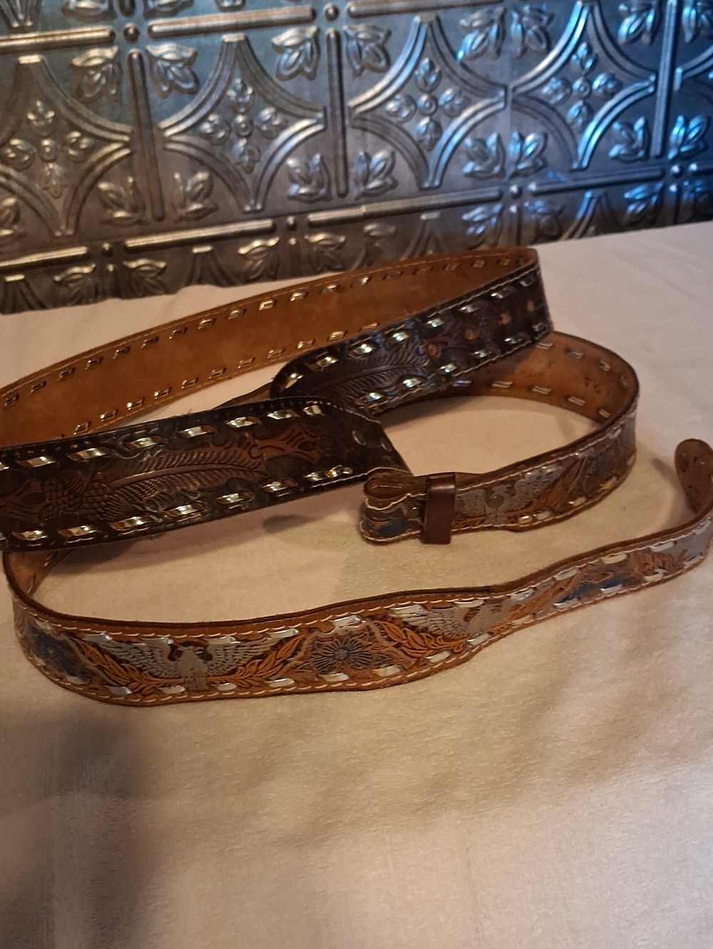 Hand Crafted Embossed Floral Leather Belt in Brown and Tan
